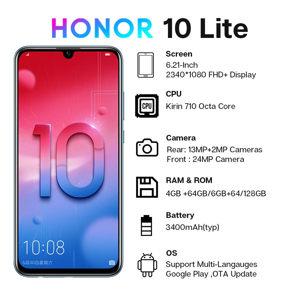 Global ROM Honor 10 Lite Smartphone 4GB /64GB Kirin 710 Octa Core 6.21