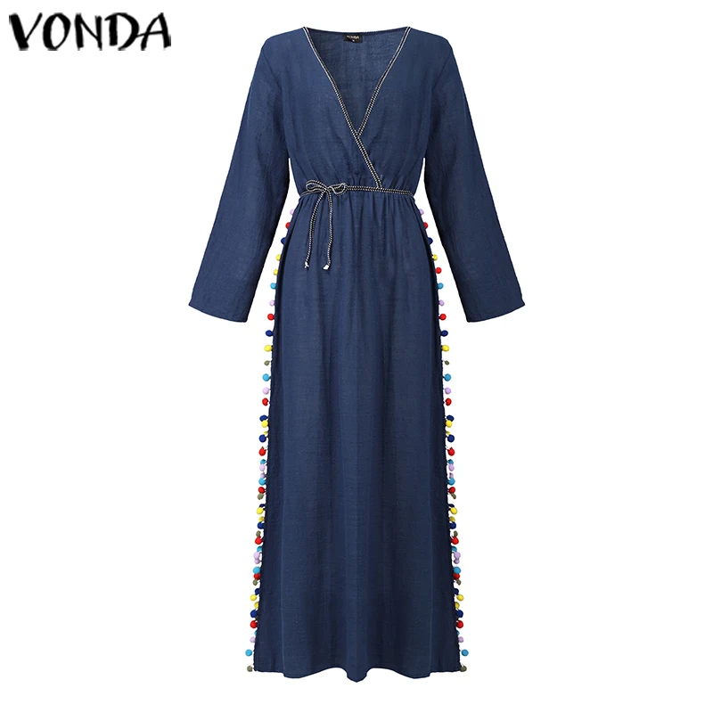 С длинным рукавом платье для беременных VONDA Для женщин сексуальный v-образный вырез однотонный Цвет белое ремень Платья для вечеринок в богемном стиле Vestidos Robe S-5XL