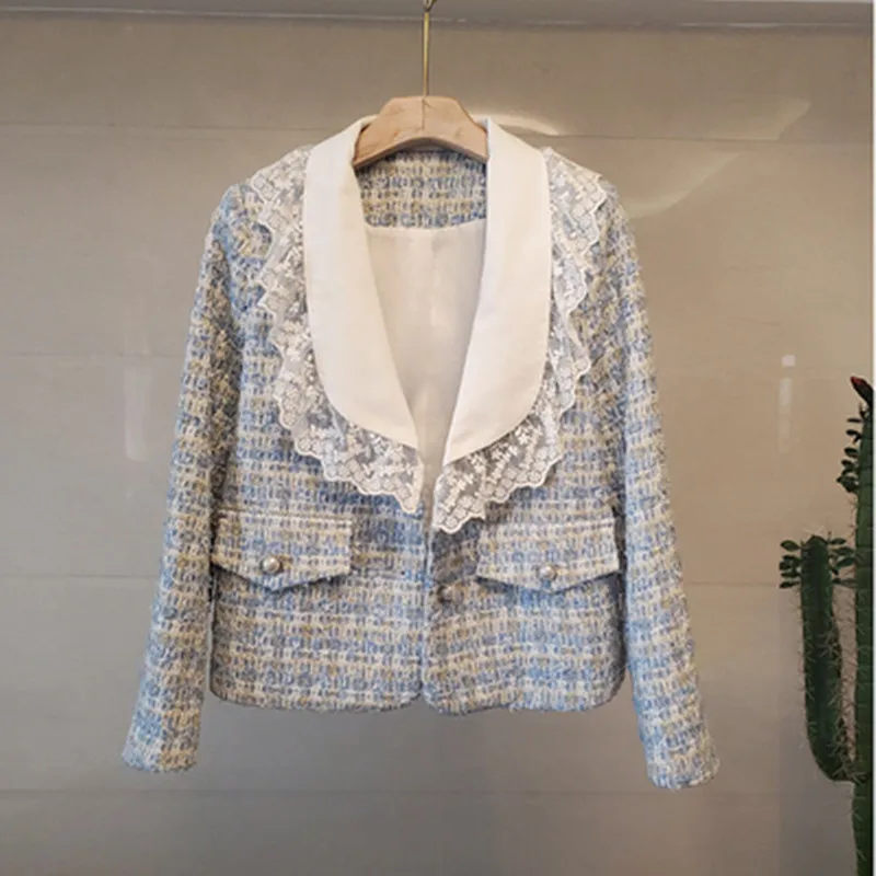 

Autumn 2020 Women Lace Patchwork Tweed Jackets Elegant Loose Long Sleeve French Vintage Plaid TurnDown Collar Cardigan Coats