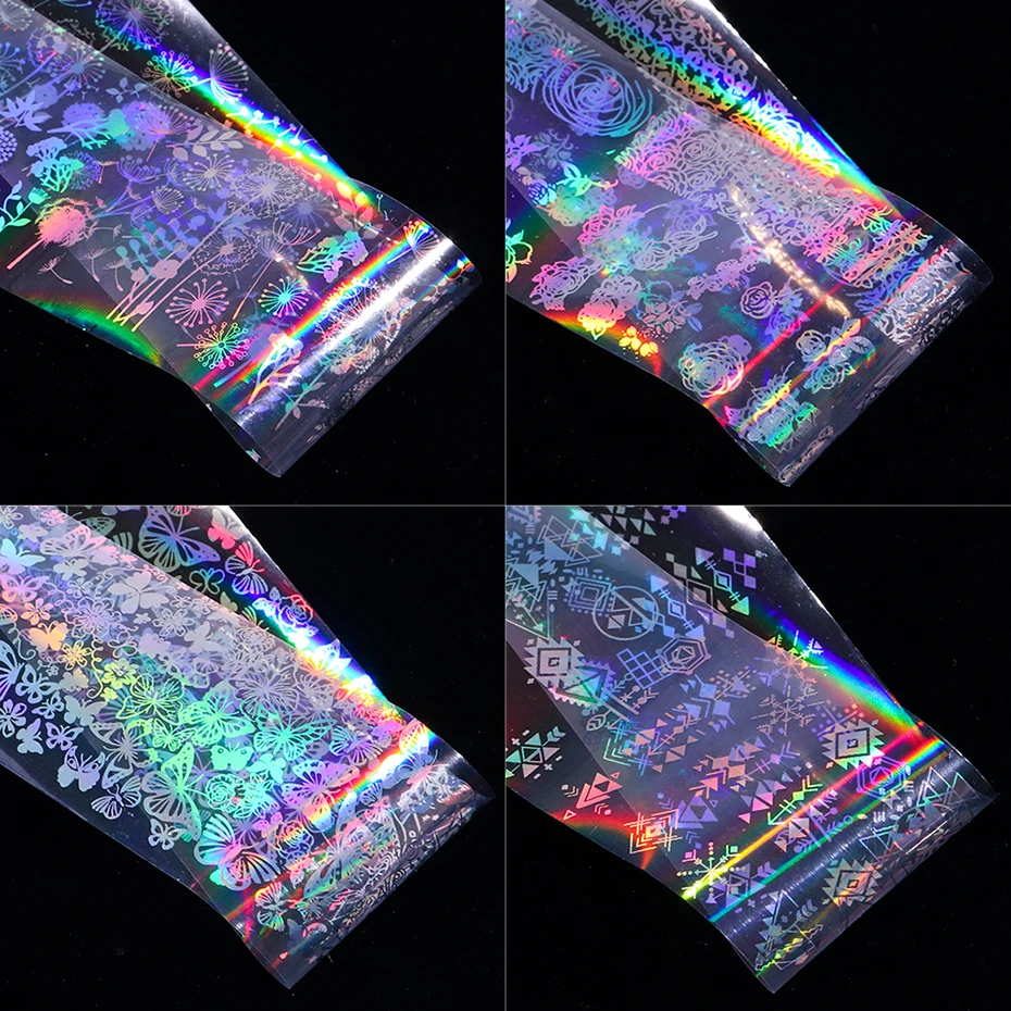 10pcs Holographic Butterfly Dandelion Nail Art Transfer Sticker Foil Flame Flower Panda Holo Wraps Tips Sliders Decals 5