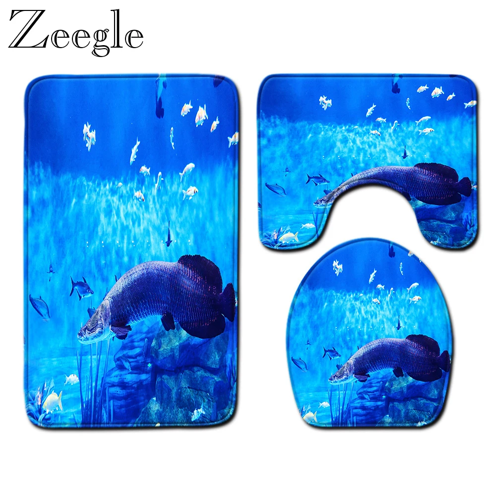 Bath Mat Bathroom Mat Set Anti-slip Bath Rug 3D Ocean World Bathroom Shower Rug Washable Toilet Cover Mat Toilet Pedestal Rug