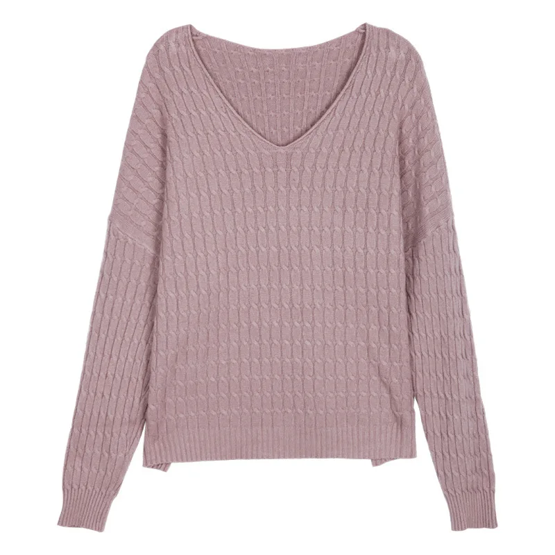 

V Neck Cable Knit Sweater Women Oversize Textured Sweater Pullovers Roll Edge