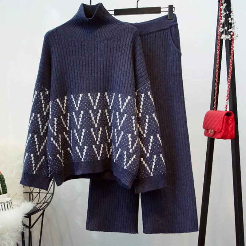 Navy blue Женский вязаный костюм с высоким воротом и брюками, пуловеры, свитера+ широкие штаны, комплект одежды из двух предметов, топ и штаны, зимний и осенний теплый костюм - Цвет: Navy blue