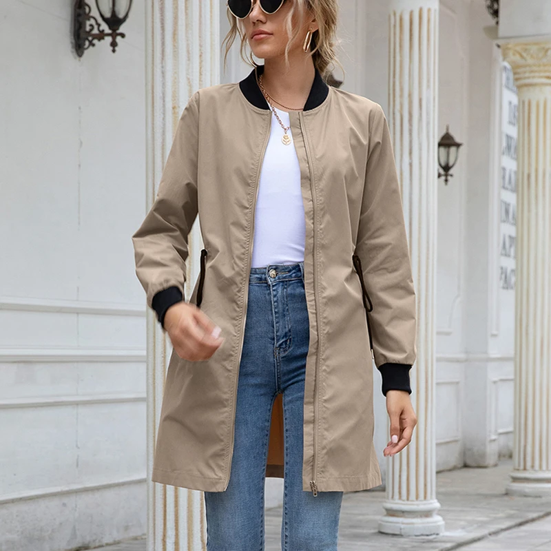 

Women Outdoor Dust Coat Autumn Long Sleeve Stand Collar Cardigan Streetwear Slant Pocket Drawstring Waterproof Mid-length Trench
