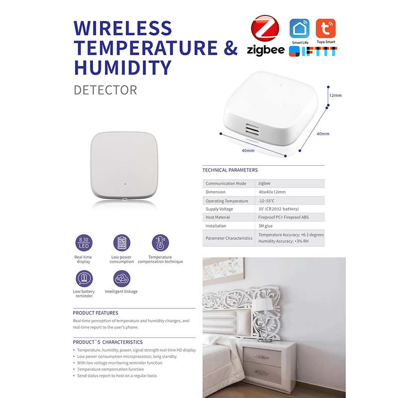Zigbee Tuya WiFi Temperature Humidity Sensor Detector Wireless Control Smart Temperature Detection for Google Home Alexa