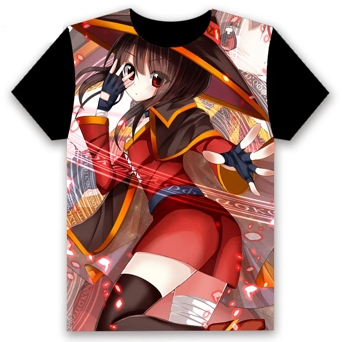 Модная мужская футболка аниме KonoSuba Megumin Aqua Darkness Satou Kazuma, косплей, короткий рукав, унисекс, повседневная черная футболка, топы