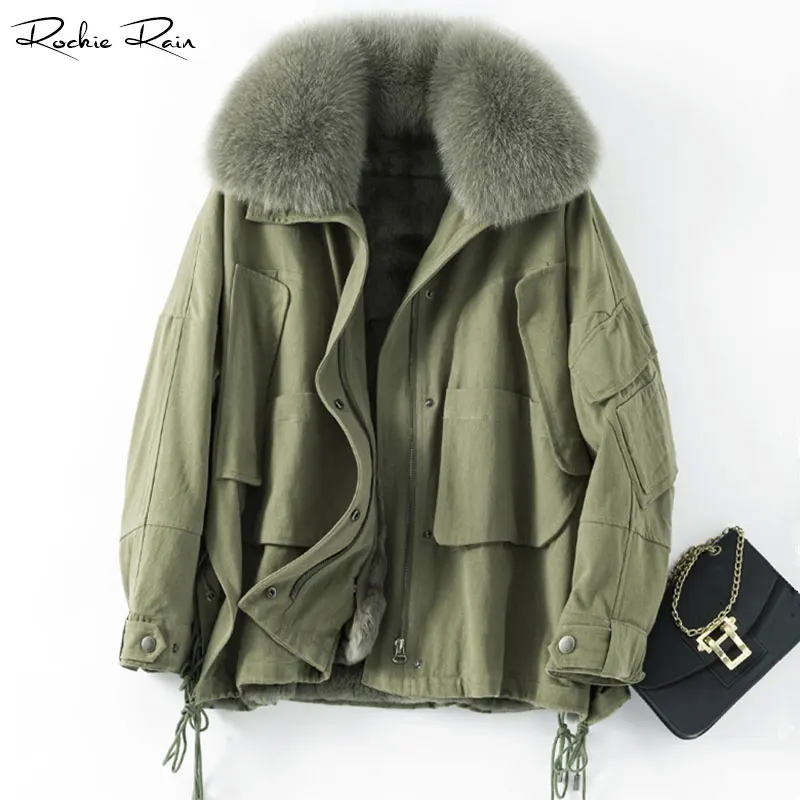 

2019 New Women's Real Fur Parka Coat Female Removable Rabbit Fur liner Fox Fur Hood Warm Overcoat