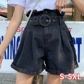 

Women High Waist Plus Size Ruffles Denim Shorts Pleated Wide Leg Belt Black Short 2020 Summer Loose Fashion Jeans Clothing Lady