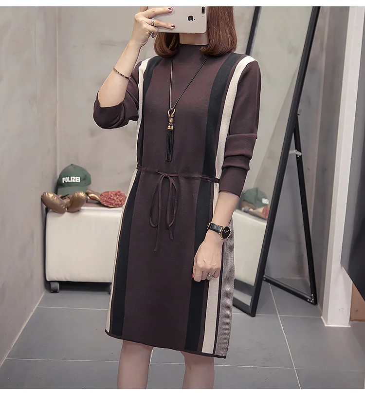 New Autumn Winter Women Knitted A-line Dress Fashion Striped Patchwork Dresses Plus Size Casual Ladies Pull femme Vestidos L4344