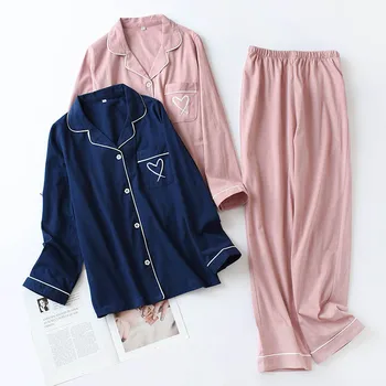 

Autumn And Winter Knitted Cotton Women Pajamas 2 Pieces Casual Pajamas Set Long Sleeve Embroidery love Femme Home Service