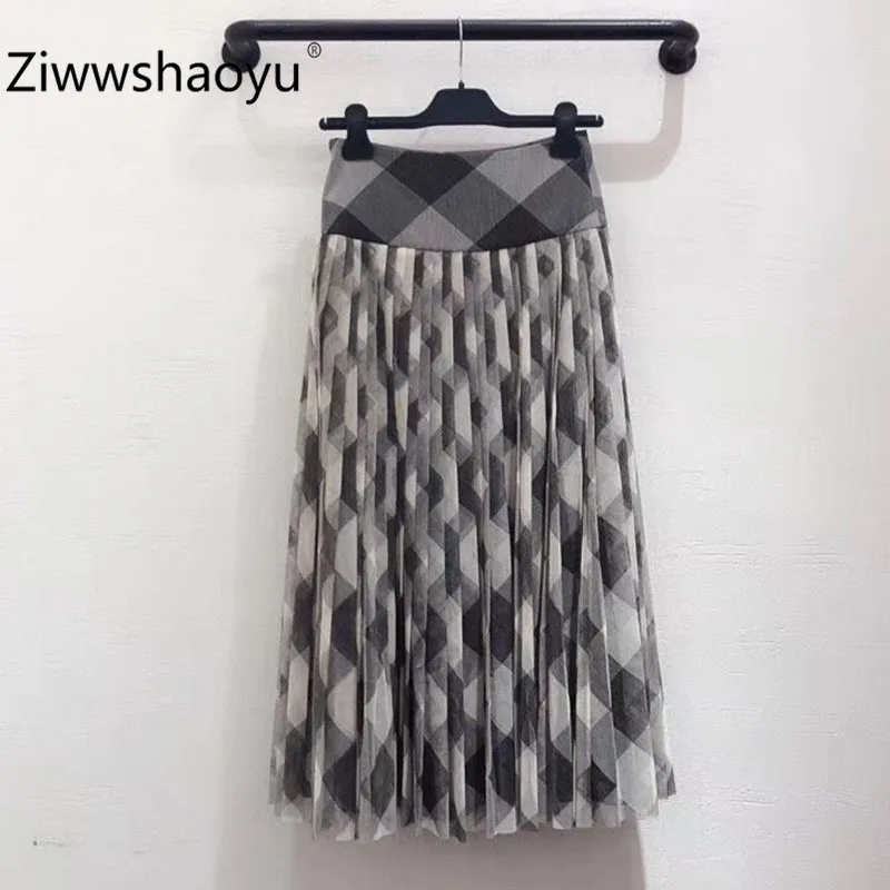 Ziwwshaoyu Merk Fashion High End Zwart Wit Rooster Mesh Geplooide Midi Rok Vrouwen Zijden Voering Ziwwshaoyu Merk Fashion High End Zwart Wit Rooster Mesh Geplooide Midi Rok Vrouwen Zijden Voering