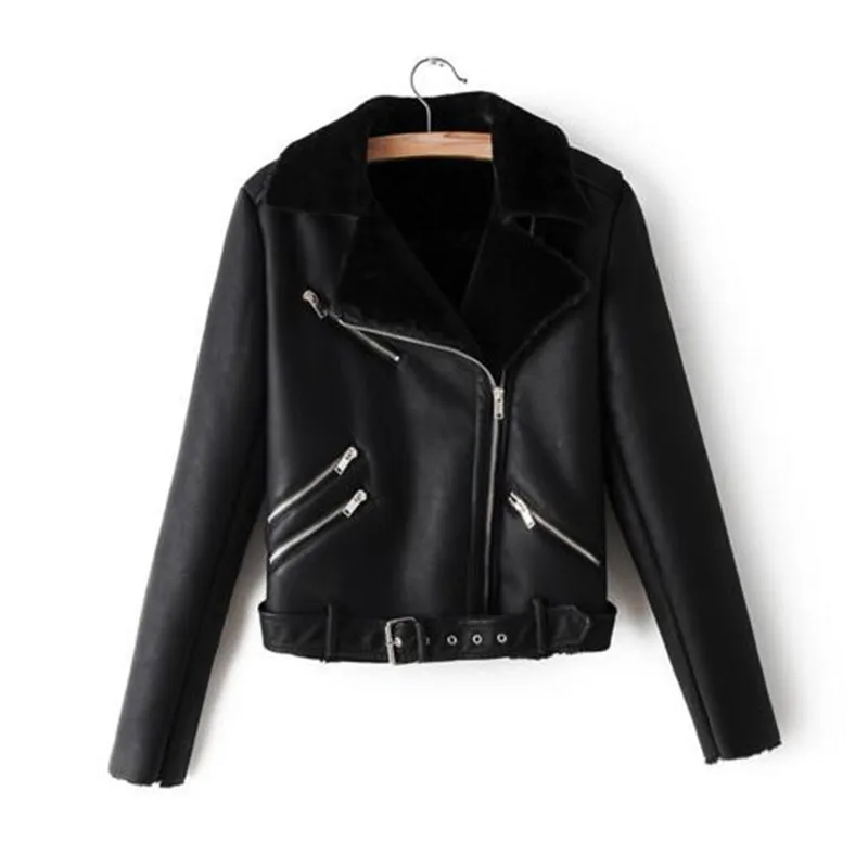 Новая зимняя теплая женская меховая куртка Верхняя одежда с воротником на молнии черная кожаная верхняя одежда в стиле панк