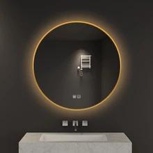 Golden Round Shape Wall Hanging Led Aluminum Alloy Light Mirror Intelligent Back Light Bathroom Anti-fog Illuminated Mirror