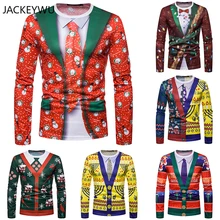 Рождественская Футболка Мужская модная поддельная двойка круглый вырез длинный рукав Повседневная футболка Топы уличная Забавные футболки с длинными рукавами для мужчин