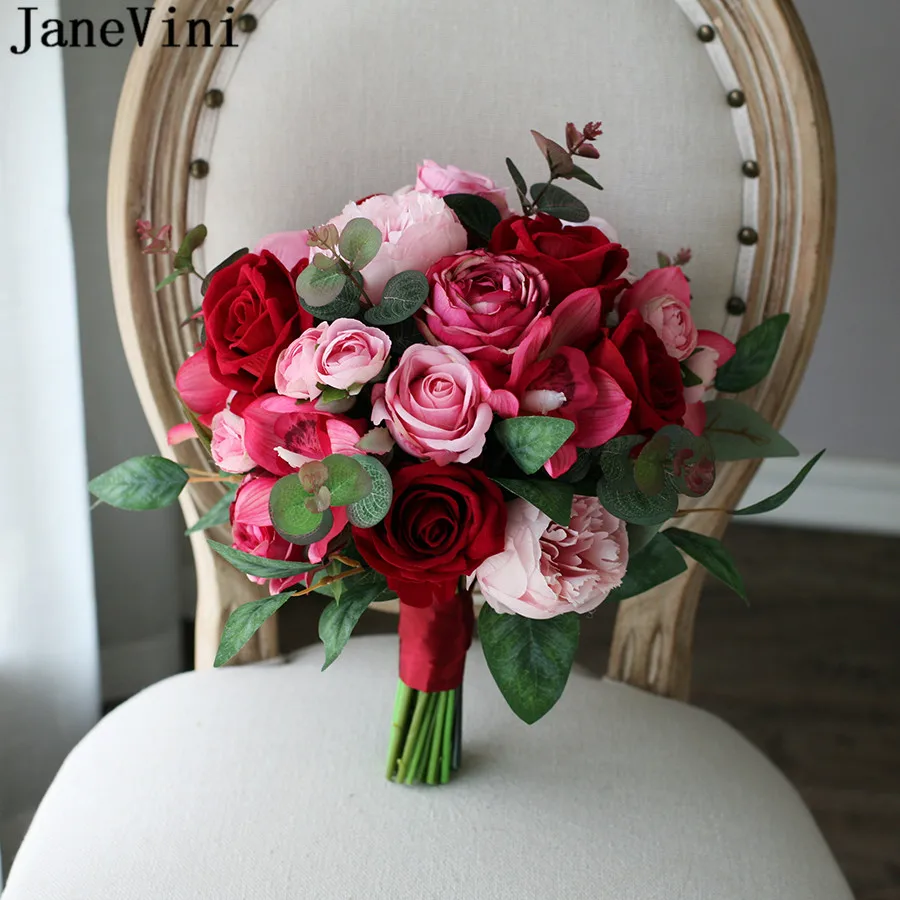 Janevini Red Rose Bridal Bouquet Artificial Peony Eucalyptus Wedding  Flowers Bouquet Vintage Pink Bride Faux Bouquet De Fleur - Wedding Bouquet  - AliExpress