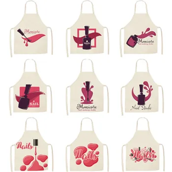 

1Pc Kitchen Cooking Apron Pink Nail Polish Printed Kitchen Baking Aprons for Women Chefs Cotton Linen Household Cleaning Apron