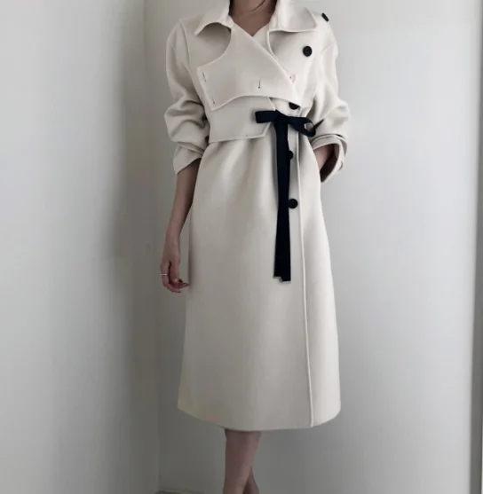 Корейское Женское зимнее длинное теплое шерстяное пальто бежевого цвета с бантом, шерстяная зимняя одежда