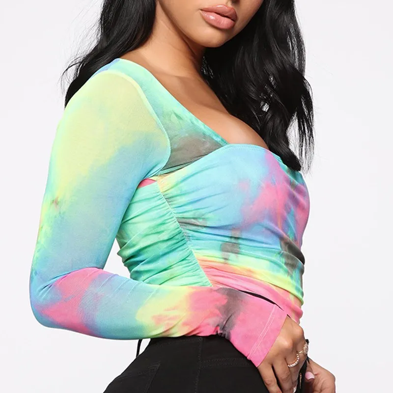 Сексуальный Tie Dye с принтом спинки боди стрейч квадратная Шея плиссированный сексуальный клубный комбинезон вечерние с длинным рукавом Облегающий комбинезон Femme