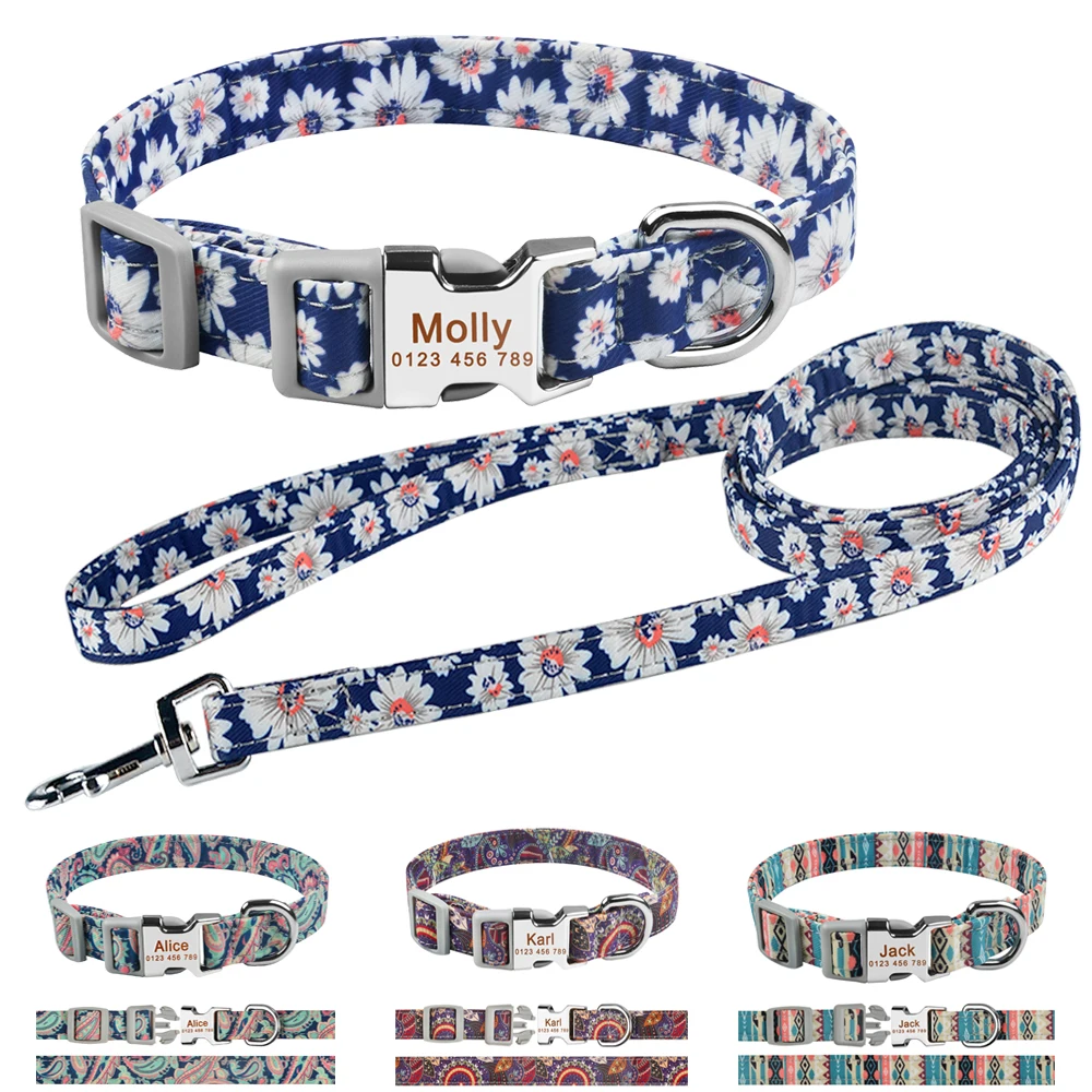 

Pet Dog Leash Collars Set Nylon Lead Customized Personalized Puppy ID Name Small Medium Large Dogs Pitbull Bulldog Pugs Beagle
