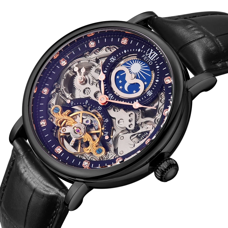 Men Waterproof Explorer Mechanical Watches Top Brand Moon Dial Retro Automatic Watch Self-Wind Leather Tourbillion Male | Наручные часы
