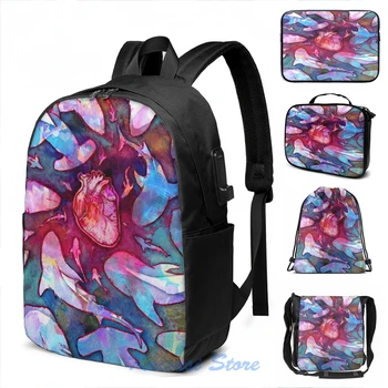 

Funny Graphic print Heart Sharks USB Charge Backpack men School bags Women bag Travel laptop bag