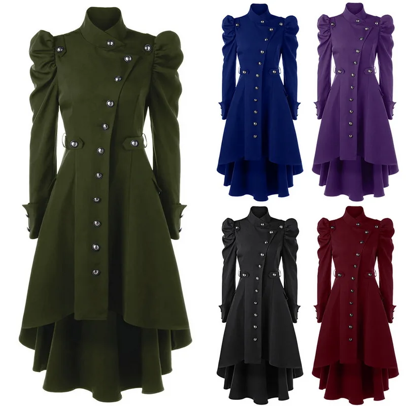 

Puimentiua Women Tops Long Medieval Trench Coat Women Winter Black Green Stand Collar Gothic Coat Fashion Women Vintage Female