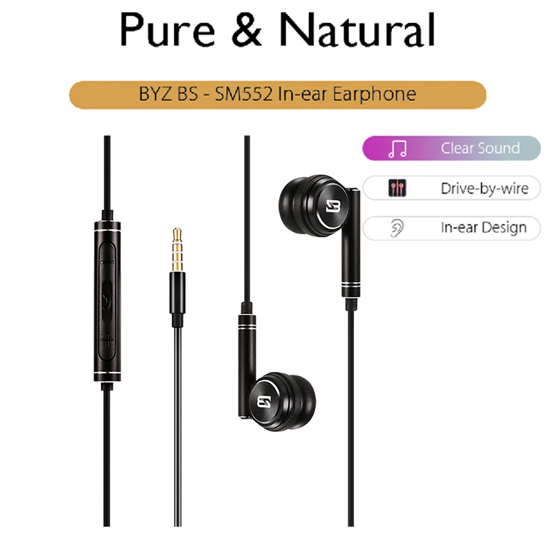 

Original BYZ BS-SM552 In-Ear Stereo Headphone 1.2m Cable Noise-Isolating Earbud With Microphone Hands-Free Ergonomic Earphone
