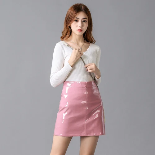 Pink 02 Новые Женские базовые юбки из искусственной кожи с разрезом, яркие короткие юбки на молнии в европейском стиле, модные уличные мини-юбки для женщин - Цвет: Pink 02