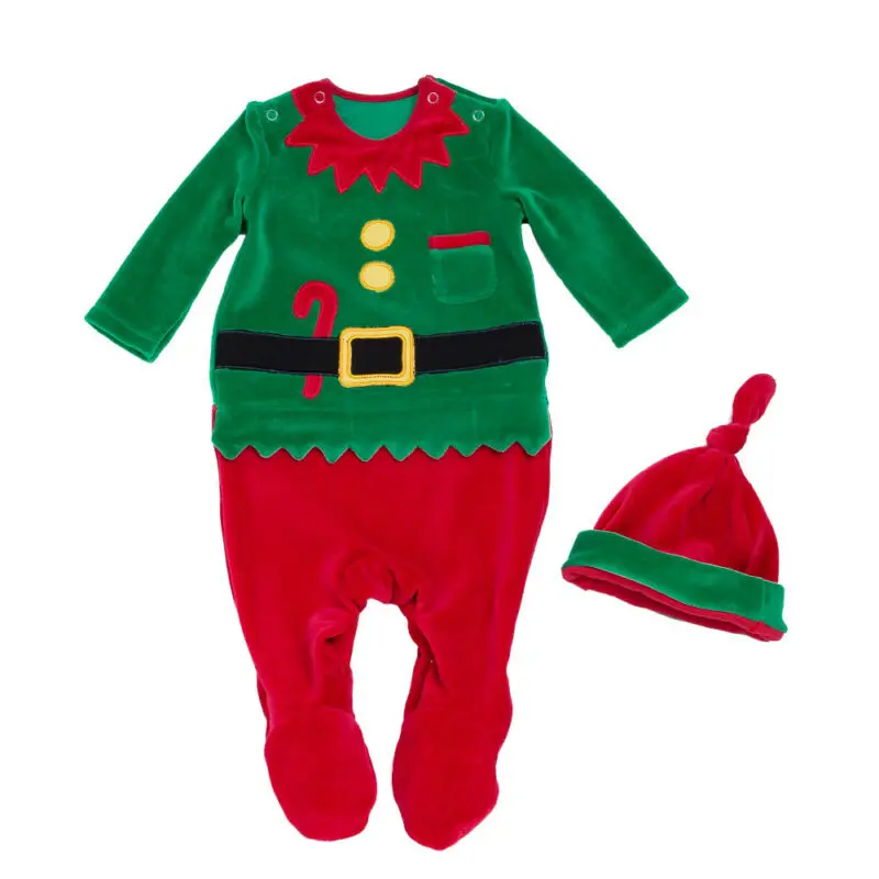 Рождественский комбинезон для новорожденных девочек и мальчиков; шапки; сезон осень-зима; одежда зеленого цвета с длинными рукавами для маленьких девочек и мальчиков; Рождественский костюм Санты; бархатный костюм