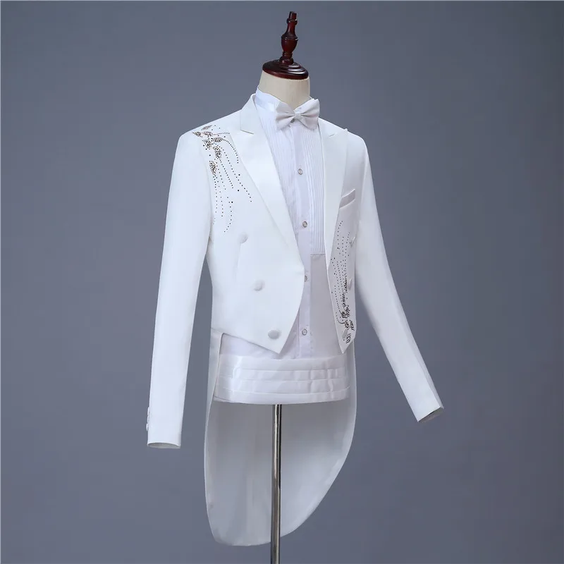 Fashion Men's White Lapel Tuxedo Wedding Groom Stage Singer 2 Piece Set Inlay Diamond Slim Casual Suit Set(Tail jacket+Pant