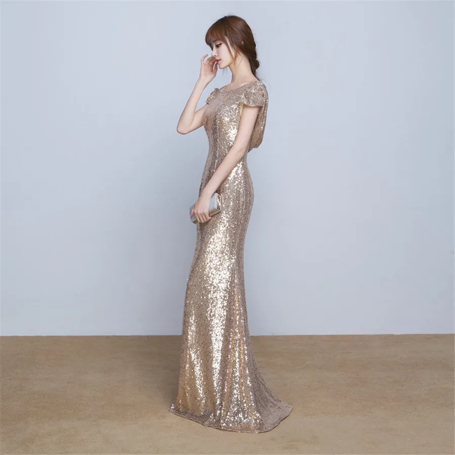 Вечернее платье с круглым вырезом, коротким рукавом и открытой спиной, вечернее платье, элегантное платье в пол с блестками, вечерние платья F290