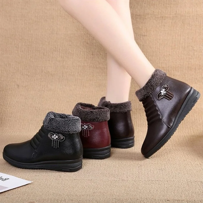 Liquidación Botas de nieve de piel sintética para mujer, botines planos con plataforma, antideslizantes, impermeables, cálidos, con cremallera, para invierno DolGYap0q0x