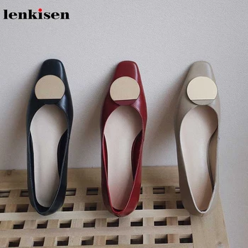 

Lenkisen new genuine leather square toe med heels metal decorations slip on sweet beauty lady convenient autumn women shoes L65