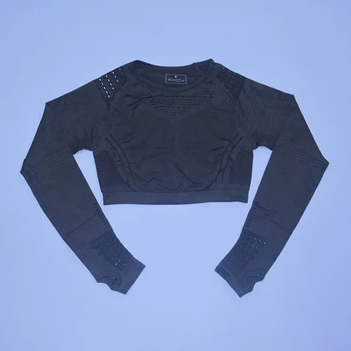 Army green top 2 шт. безупречный вязаный бесшовный Набор для йоги Женская одежда для фитнеса с длинным рукавом спортивная одежда леггинсы для спортзала полый укороченный топ спортивный костюм - Цвет: Army green top