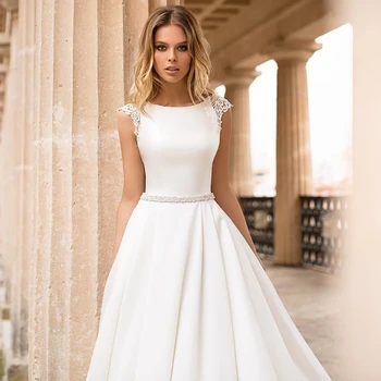 

Satin Wedding Dress Cap Sleeves Lace Applique Beach Bride Dress Sexy Boho Long Train Wedding Gown Hot Sale 2020 vestido de noiva