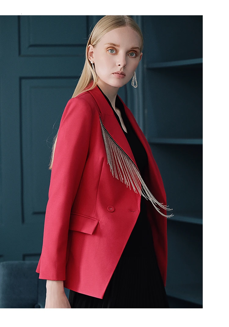 Classic Slim Fit Women Blazer Notched Collar Female Suits Coat Fashion Autumn Winter Runway Tassel Design Red Black Jacket