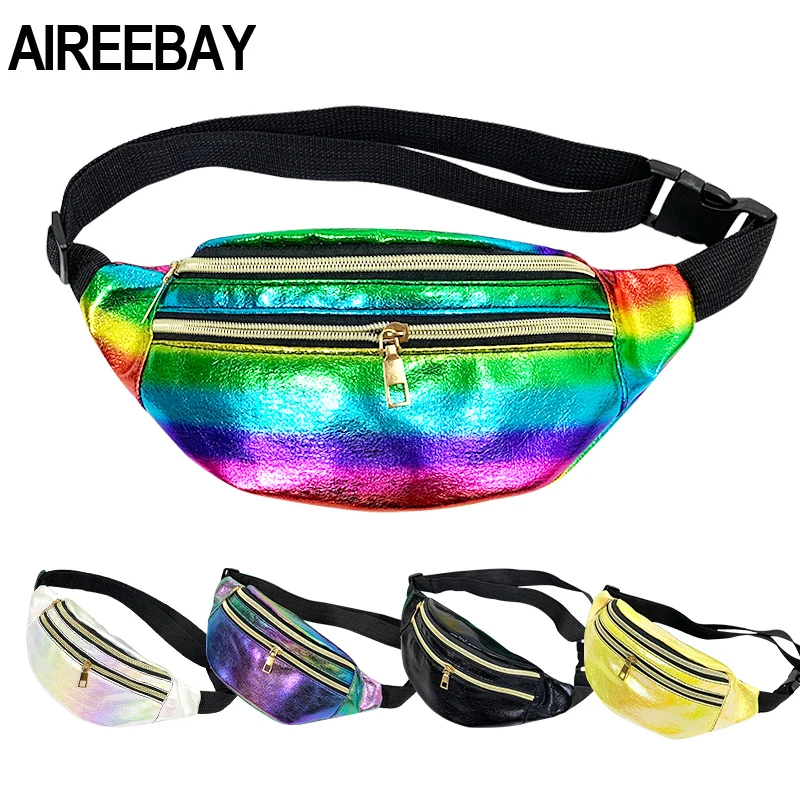 AIREEBAY 3-карман на молнии, Женская поясная сумка, цветная голографическая поясная сумка для женщин, новая кожаная сумка для путешествий, для телефона, нагрудные сумки