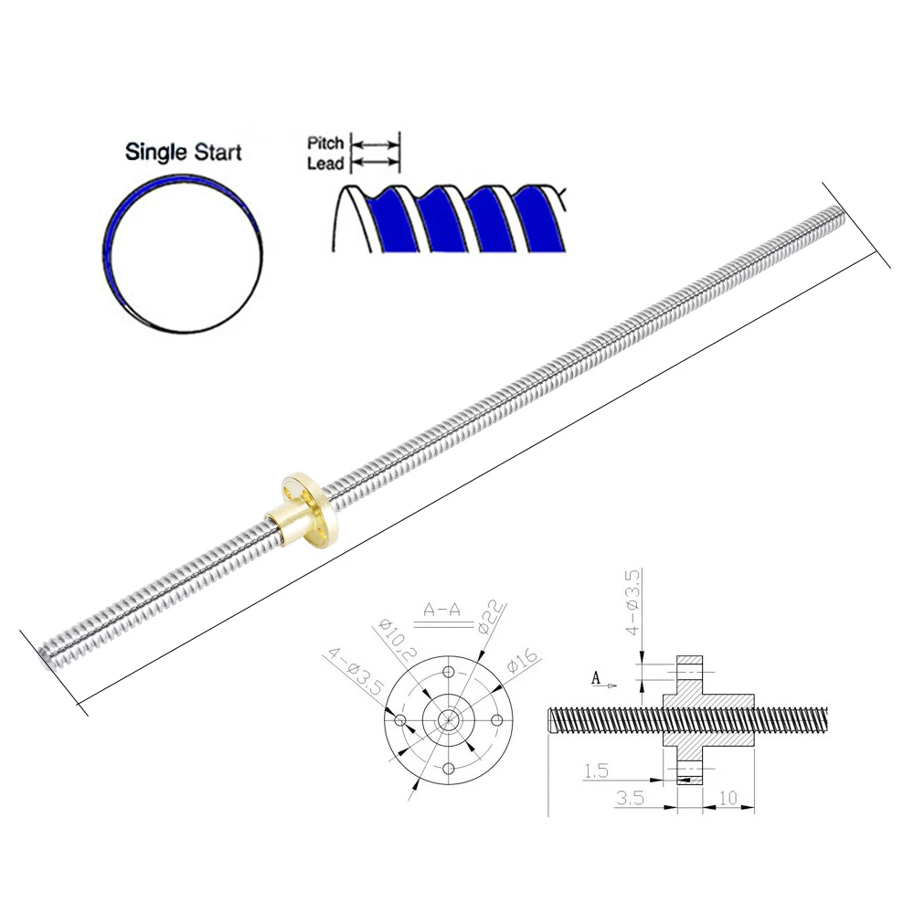 T8 Lead Screw OD 8mm Pitch 2mm Lead 2mm 100mm-500mm Brass Nut 3D Printer