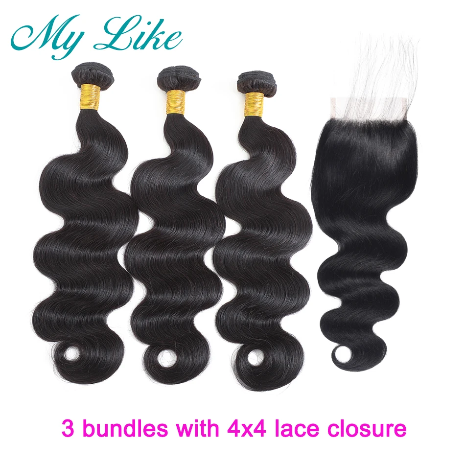 

My Like Body Wave Bundles with Closure 3Pcs Peruvian Hair Weave Bundles with Closure Non-remy Human Hair Bundles with Closure
