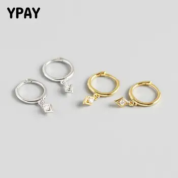 

YPAY 100% Real 925 Sterling Silver Hoop Earrings for Women INS Mini Geometric Rhombic Pendant Circle Earring Fine Jewelry YME662