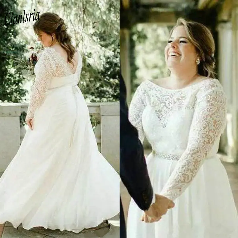 Elegant Boat Neck Lace Chiffon Plus Size Wedding Dress Long Sleeve Crystal Sashes Backless Country Wedding Dresses