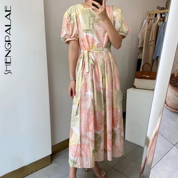 

SHENGPALAE 2020 New Summer Women Vintage Loose High Waist Slim Was Thin Elegant Folds Square Collar Maxi Dress ZA4674