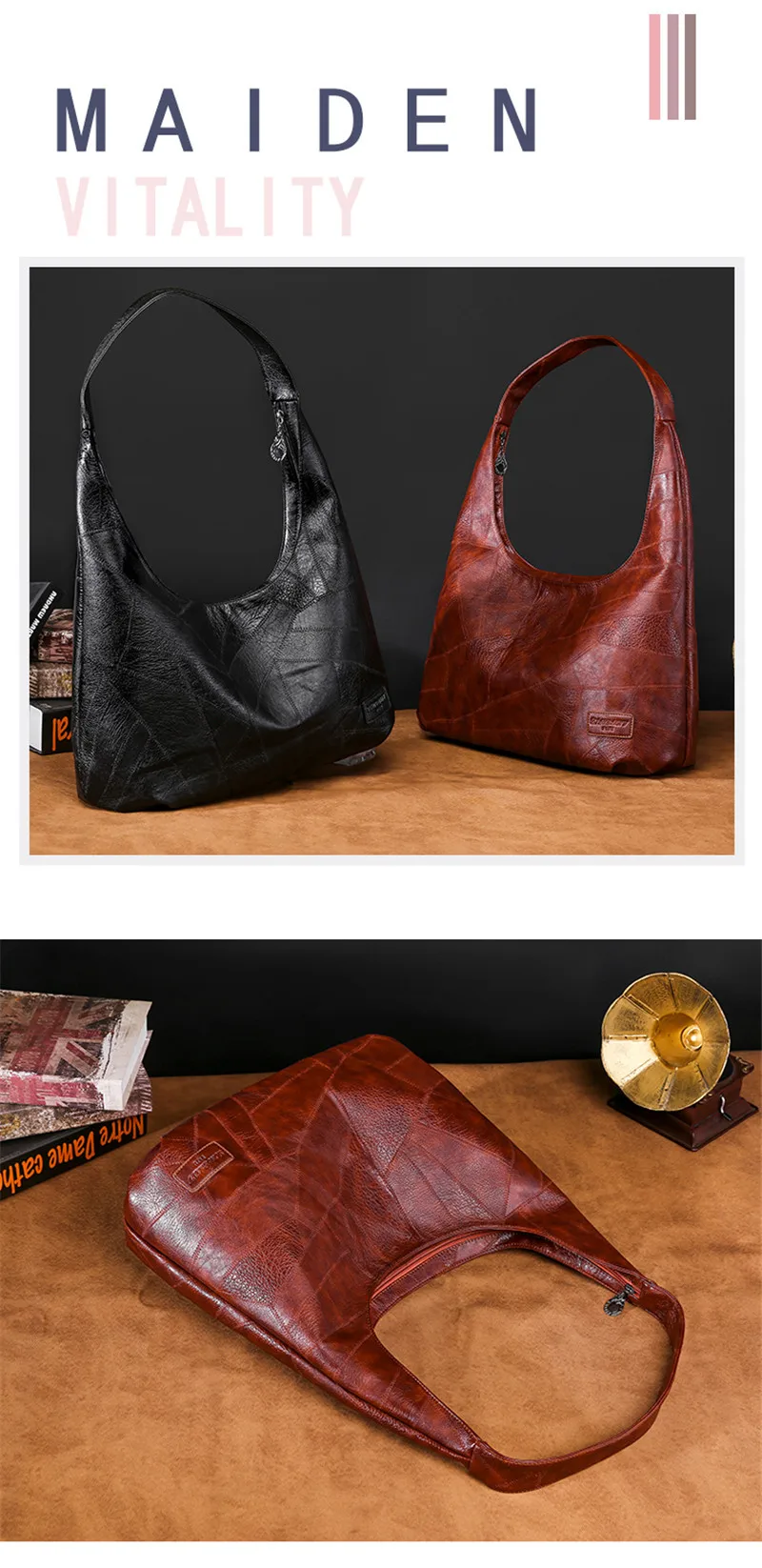 Vintage Women Hobos Bag Large Female Shoulder Bags Casual Soft Patchwork PU Leather Big Ladies Bags High Quality Luxury Handbags