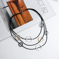 Amorcome 2021 Fashion Long Chains Necklace Jewelry for Women Multi-strand PU Leather Collar Necklace with Metal Circle Pendants