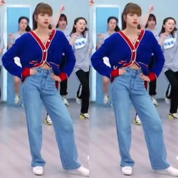 

kpop Korean Celebrity new blue V-neck knit cardigan sweater coats+loose casual Straight jeans trousers women Two-piece set