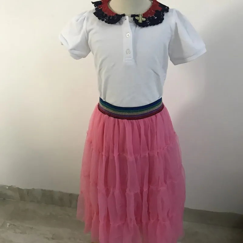 Новинка года, летняя синяя и розовая юбка-пачка+ футболка с рисунком кота, комплект одежды для маленьких девочек, яркая Полосатая юбка принцессы на талии - Цвет: set