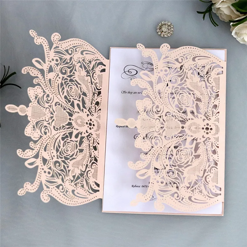  10pcs/set Glitter Paper Laser Cut Wedding Invitation Card Personalized Wedding Decoration Floral Ba - 4.00033E+12