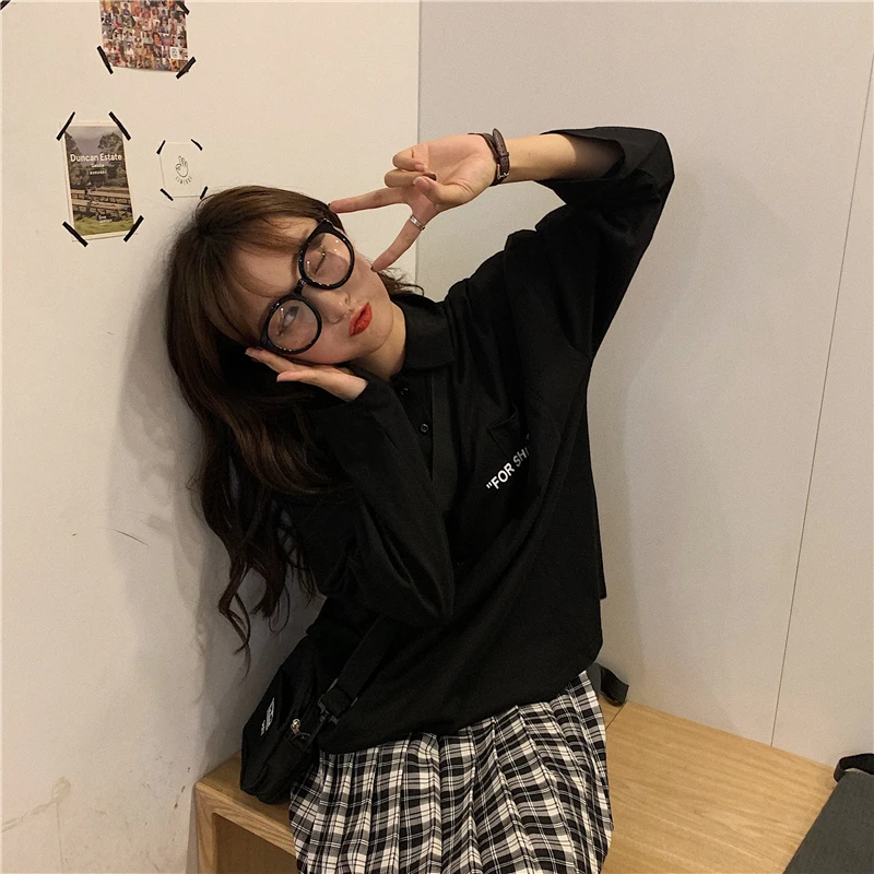 Harajuku стиль карманы с буквенным принтом хипстер женская одежда отложной воротник Весенние повседневные корейские футболки с длинными рукавами оверсайз