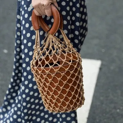 

2018 Net Hollow Out Leather Bucket Bag Korean Fashion Composite Bag Women Vintage Tote Handbag Summer Beach Bag