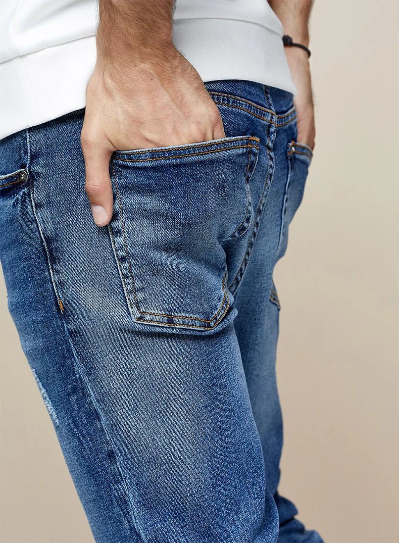 KUEGOU осенние хлопковые синие потертые обтягивающие джинсы для мужчин, уличная одежда, брендовые облегающие джинсовые штаны для мужчин, Стрейчевые брюки 2958